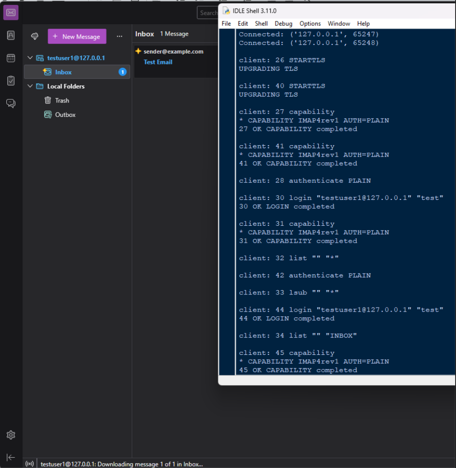Thunderbird inbox showing a test email alongside the Python IDLE shell displaying IMAP commands exchanged during login and message fetch